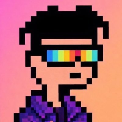 A pixel art illustration shows a person wearing colorful rainbow-striped glasses against a pink and orange background.