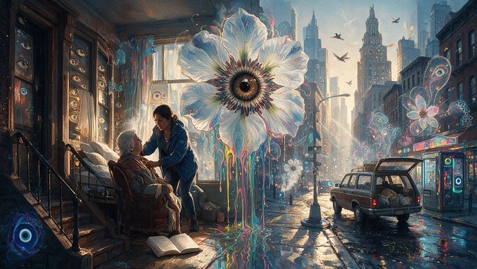 A surreal digital artwork depicts an elderly woman in a hospital bed indoors while a massive eye-shaped flower blooms outside, with a station wagon on a rainy city street.