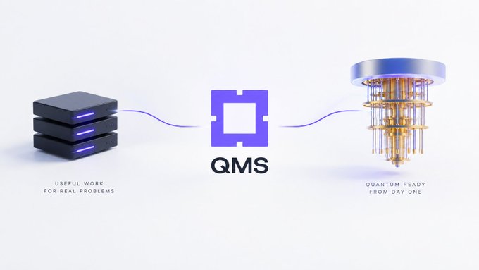 A tech illustration showing servers connected to a quantum computer, with the logo 'QMS' and text 'USEFUL WORK FOR REAL PROBLEMS' and 'QUANTUM READY FROM DAY ONE'.