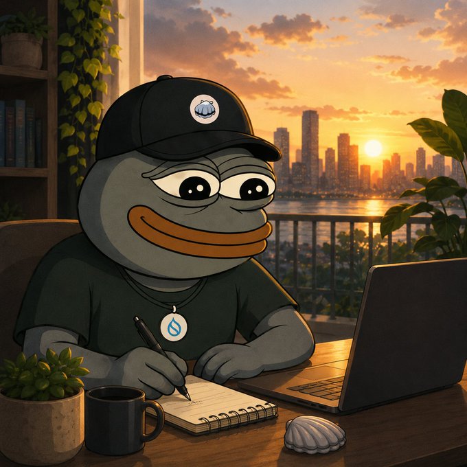 The image features a cartoon character wearing a baseball cap sitting at a desk with a laptop open in front of them. There are two potted plants nearby, one located near the left side of the image and another towards the right edge. A cup is also present on the desk next to the laptop. The post includes text that reads "Gm Scallopers, lock in. The week is ours".