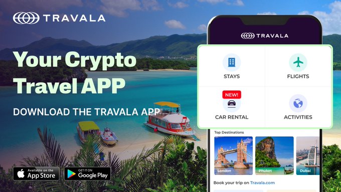 A promotional advertisement for the Travala app features a tropical beach scene with boats and text 'Your Crypto Travel APP' and 'DOWNLOAD THE TRAVALA APP'. A smartphone mockup displays app features including Stays, Flights, Car Rental (NEW!), and Activities, with top destinations like London, Phuket, and Dubai.