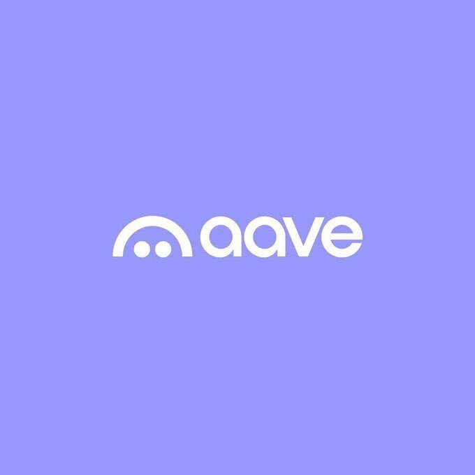 A logo for 'aave' on a light purple background featuring a stylized ghost-like icon.