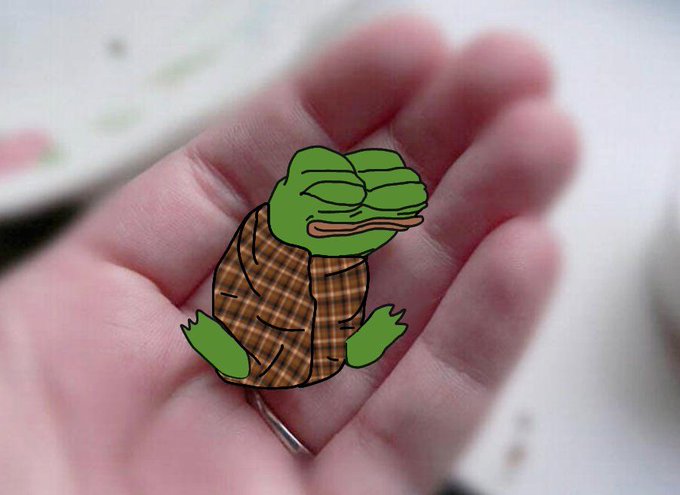 A close-up of an enamel pin depicting the green Pepe the Frog character wearing a brown plaid shirt, held in a person's hand.