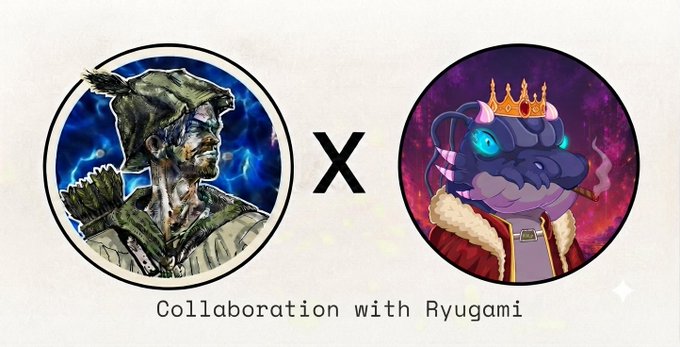 A collaboration announcement graphic featuring two circular character portraits separated by an "X" symbol, with the text "Collaboration with Ryugami" displayed below. The left circle depicts a hooded archer character with a quiver against a blue background, while the right circle shows a crowned purple dragon creature smoking a pipe against a cosmic backdrop, representing the Ryūgami NFT collection of 2,222 dragon gods from Japanese mythology launching on the Robinhood Chain.