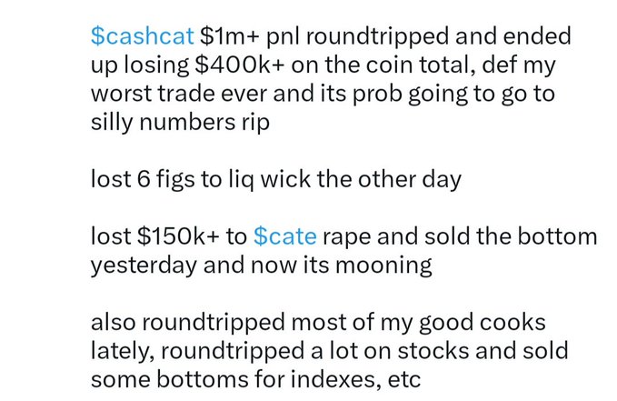 A text post by user '$cashcat' describing trading losses, mentioning '$1m+ pnl', '$400k+', '$150k+ to $cate', and lost bottoms on coins and stocks.