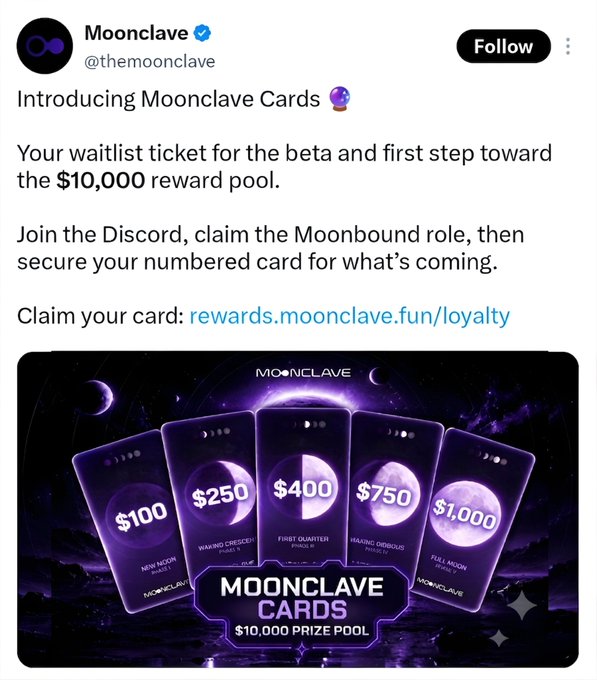 A tweet from @themoonclave announcing the launch of "Moonclave Cards," a beta waitlist loyalty program offering a $10,000 reward pool split into tiered prizes ranging from $100 to $1,000 (including New Moon, Waxing Crescent, First Quarter, Waxing Gibbous, and Full Moon cards). The post directs users to join the Discord, claim the "Moonbound" role, and visit rewards.moonclave.fun/loyalty to secure a numbered card, aligning with the promotional post highlighting the free $USDC and potential airdrop opportunity.