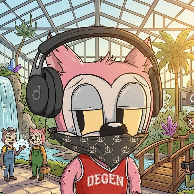 Cartoon illustration of a pink fox-like character wearing Beats headphones, a designer bandana, and a red 'DEGEN' jersey, set in a botanical greenhouse with other animal characters in the background.