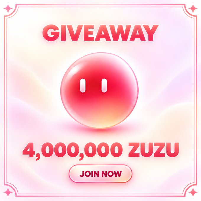 The image is a pink-themed promotional graphic announcing a "GIVEAWAY" of "4,000,000 ZUZU" tokens, featuring a glossy pink smiley face orb and a "JOIN NOW" call-to-action button, which corresponds to the post's promotion of a 4,000,000 ZUZU giveaway distributed to the fastest participants.