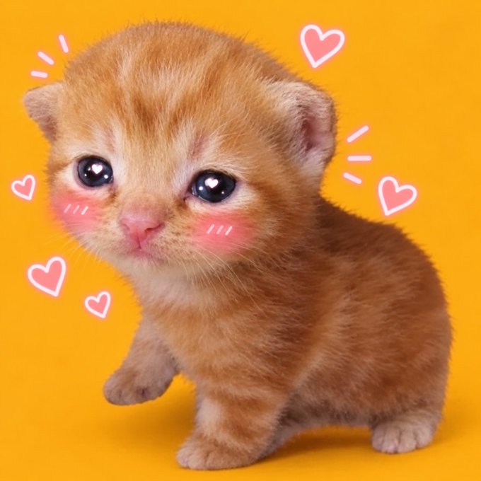 A tiny, heart-eyed orange kitten with starry eyes on a bright yellow background, decorated with floating pink hearts and sparkle doodles, exuding an irresistibly cute and lovable energy. The image plays on the phrase "buy the cat," reinforcing the post's playful call to action for traders to "buy the dip" on $btc and $stonk following maximum capitulation.