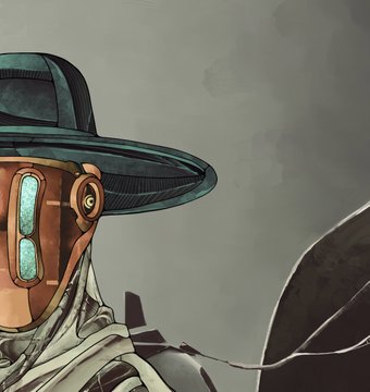 The image features a man wearing an orange hat with a green strap, standing against a gray background. The caption of the image reads "gm gm and happy Sunday with Spice Hunter Our collaboration with amazing Sci-Fi artist @grgfiut for Partners in Crime is available for bidding manifold gallery/eth".