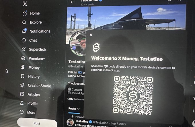 A computer screen displays the X (formerly Twitter) interface with a popup for "X Money" welcoming user TesLatino with a QR code to scan via mobile, alongside the platform's navigation menu showing options like Home, Explore, and Premium+. The post suggests this marks the wider rollout of XMoney, which appears to offer incentives like $25 to new users for joining.