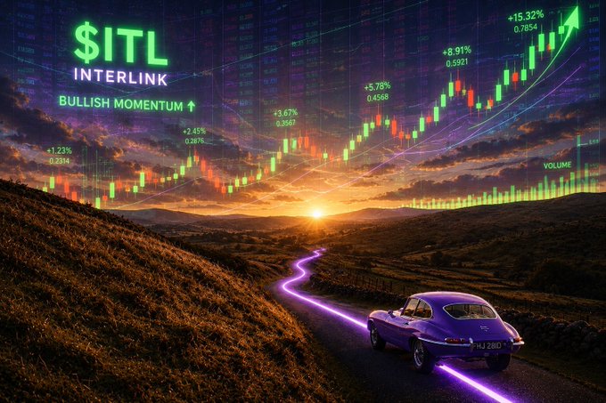 A vintage purple coupe drives along a glowing road toward a sunset, with a bullish candlestick chart overlay showing $ITL Interlink trending upward at +15.32% and marked "BULLISH MOMENTUM," visually reinforcing the post's bullish sentiment about the $ITL token. The image's ascending green chart and upward arrow directly mirror the "#Bullish" declaration in the caption.