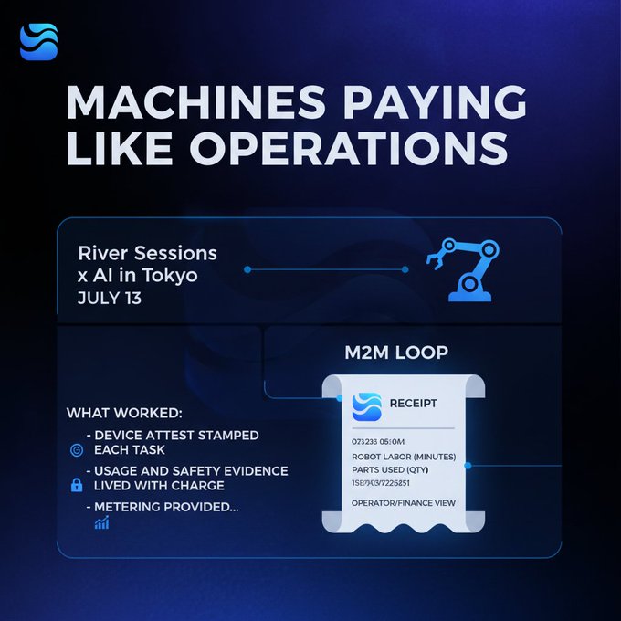 A promotional infographic titled 'MACHINES PAYING LIKE OPERATIONS' announces 'River Sessions x AI in Tokyo' on July 13, detailing an M2M loop with a robotic receipt example.