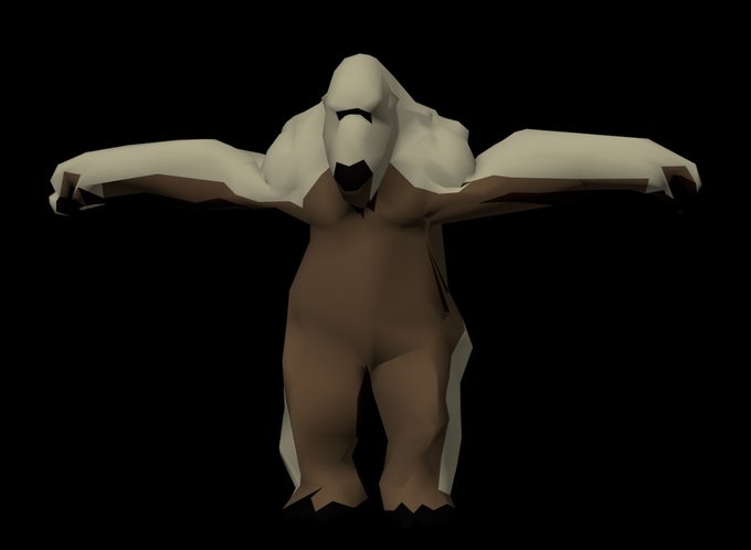A low-poly 3D render shows a faceless humanoid figure with elongated limbs in a T-pose, featuring a cream-colored upper body and brown torso, set against a black background. The image appears to accompany a cryptocurrency-related post about $DMT, though no specific text or tickers are visible in the image itself.