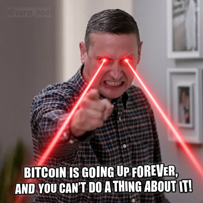 A meme of an angry man with red laser eyes edited onto him, with text reading 'BITCOIN IS GOING UP FOREVER, AND YOU CAN'T DO A THING ABOUT IT!' and a watermark '@corn_hodl'.