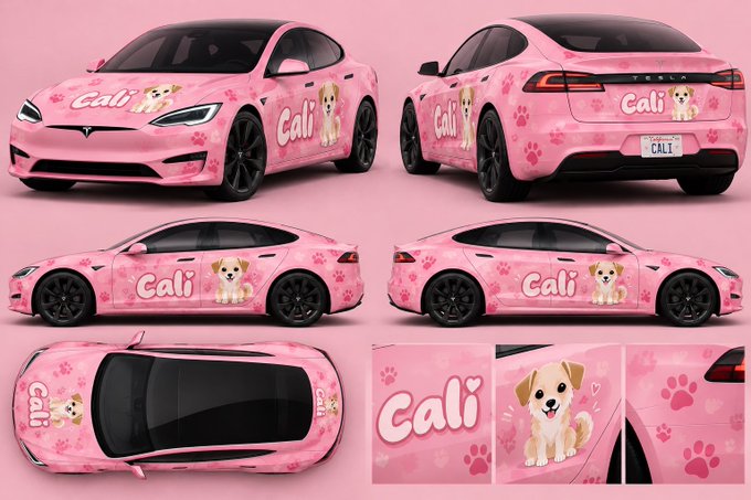 A pink Tesla car wrap featuring the name "Cali" in white script, a cartoon golden retriever puppy, and paw print designs is displayed from multiple angles. The custom design relates to the post celebrating "$CALI" with the personalized pet-themed branding prominently featured across the vehicle's exterior.