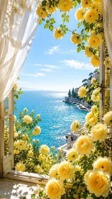 A scenic view through a white window frame draped with sheer curtains and yellow roses, overlooking a sparkling blue Mediterranean sea with a coastal town.