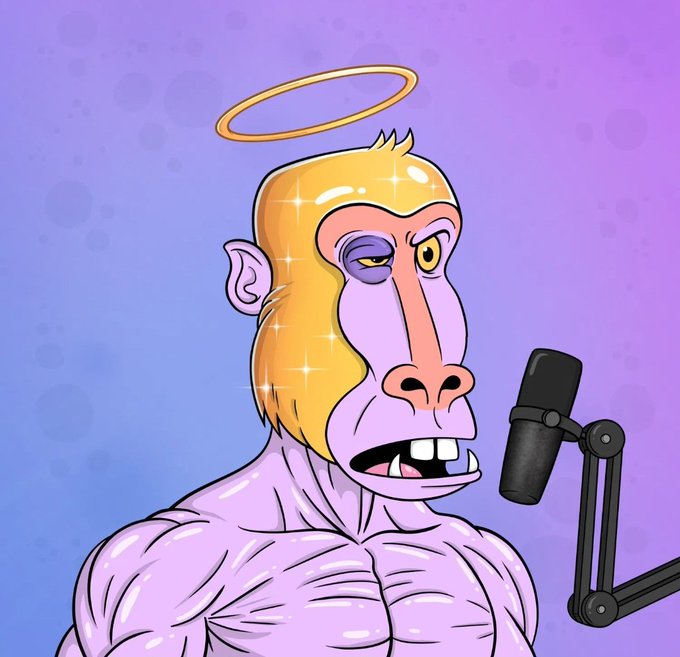 A cartoon illustration of a muscular monkey with golden hair, a halo, and a microphone, set against a purple gradient background.