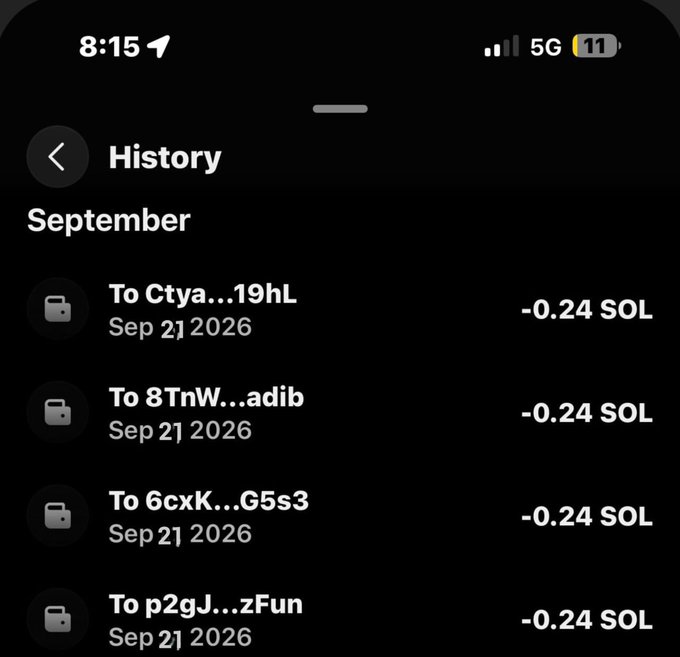 A smartphone screenshot shows a transaction history page on September 21, 2026, displaying multiple outgoing transfers of -0.24 SOL each to various crypto wallet addresses, supporting the post's claim that some wallets have already received SOL airdrops.
