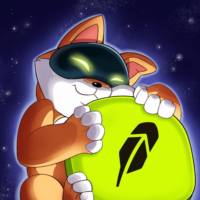 The image shows a fox-like cartoon character wearing a VR headset, eagerly clutching a large yellow-green orb displaying the black Robinhood logo, set against a starry cosmic background. The scene visually captures the post's "Robinhood Supercycle" theme by depicting the mascot as if it has discovered a treasure in space, suggesting a bullish, far-reaching opportunity for the platform.