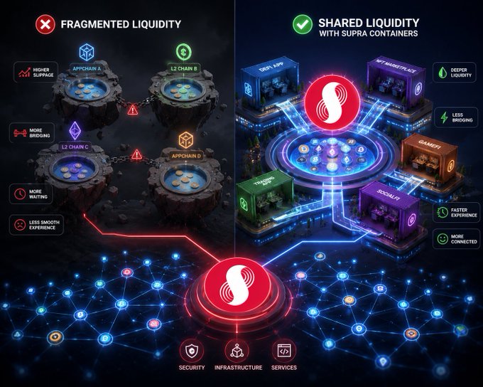 A comparison infographic contrasting "Fragmented Liquidity" (with disconnected chains causing higher slippage, more bridging, and waiting) against "Shared Liquidity with Supra Containers" offering deeper liquidity, less bridging, faster experience, and more connectivity.