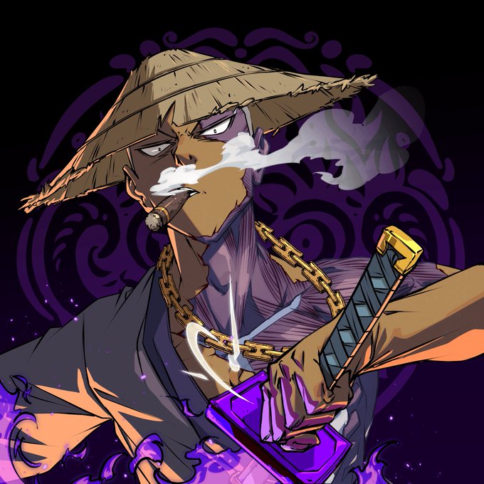 The image features a man dressed as a werewolf with a straw hat and holding a sword. The background of the image is purple and has a design resembling a wave or a spiral pattern. The caption at the bottom of the image reads "We're gonna build relentlessly on ApeChain until the masses come and its use becomes common and onboarding is easier and easier". This suggests that the man in the image might be promoting an alternative form of gaming, where players can become characters from popular culture like werewolves or other creatures. The design elements in the background further emphasize this theme by creating a visually appealing and immersive experience for the viewers.