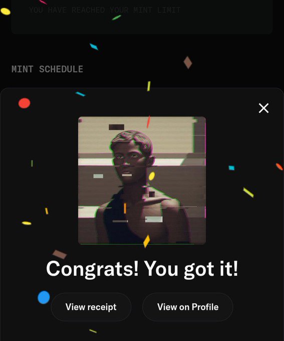 A dark-themed app interface showing a 'Congrats! You got it!' success message after reaching a mint limit, featuring a stylized 3D avatar of a person with short hair and buttons for 'View receipt' and 'View on Profile.'