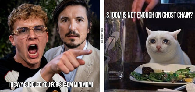 A two-panel meme image: the left side shows two men with the caption 'I HEAVY BUNDLED YOU FOR $140M MINIMUM!' and the right side shows a white cat at a dinner table with the caption '$100M IS NOT ENOUGH ON GHOST CHAIN?', credited to '@CRYPTOHAYO'.