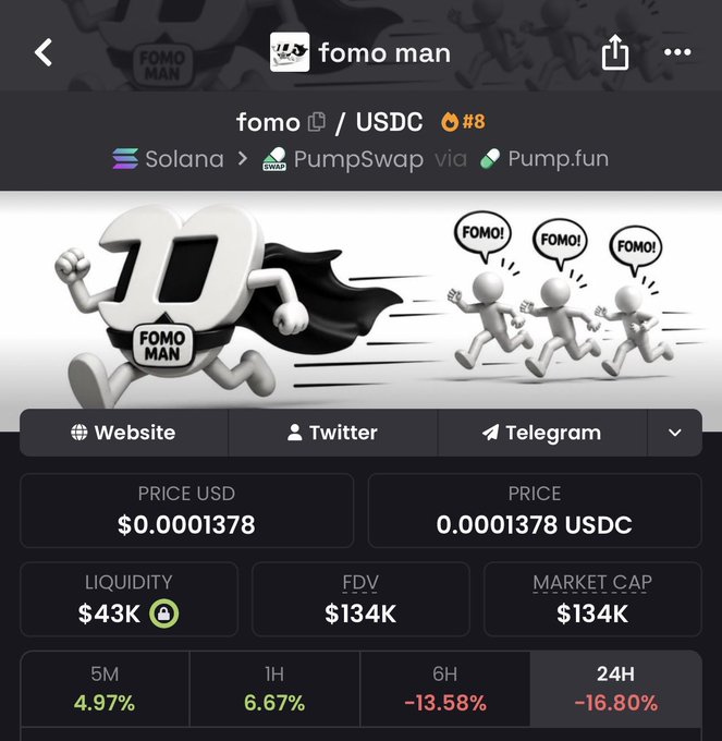A screenshot of the "fomo man" token trading page on Solana via PumpSwap/Pump.fun, showing a current price of $0.0001378 USDC, $43K liquidity, and a $134K market cap, with 24H performance down -16.80%. The image appears to show the high-risk meme coin being referenced in the post, where the commenter humorously announces bidding $25,000 on the volatile asset.