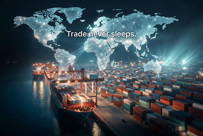 A nighttime port scene shows shipping containers and cargo vessels docked alongside a glowing digital world map, with the text "Trade never sleeps." overlaid across the top of the image.

The image visually reinforces the post's theme by illustrating the massive, always-active global supply chain behind everyday online orders, with the networked world map and illuminated port emphasizing the interconnected, round-the-clock nature of international trade that makes far-off products accessible.