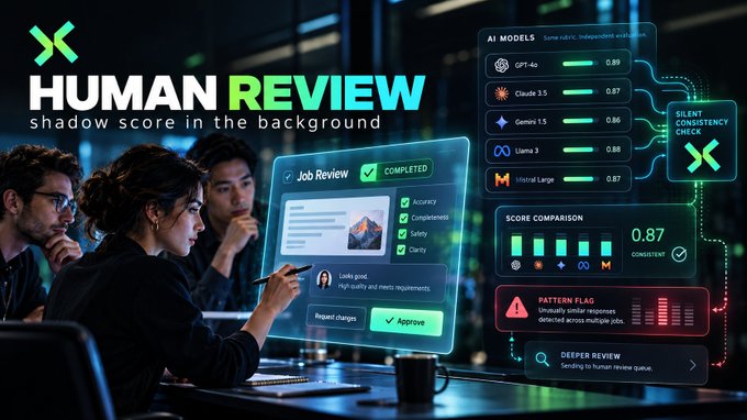 A 'HUMAN REVIEW' graphic illustrates a shadow scoring process, showing a futuristic interface comparing various AI models like GPT-4o and Claude 3.5.