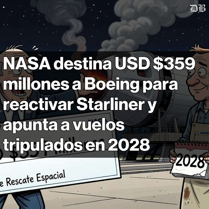 A Spanish-language news graphic with cartoon illustrations of two workers holding a $359 million check, with text reading 'NASA destina USD $359 millones a Boeing para reactivar Starliner y apunta a vuelos tripulados en 2028'.
