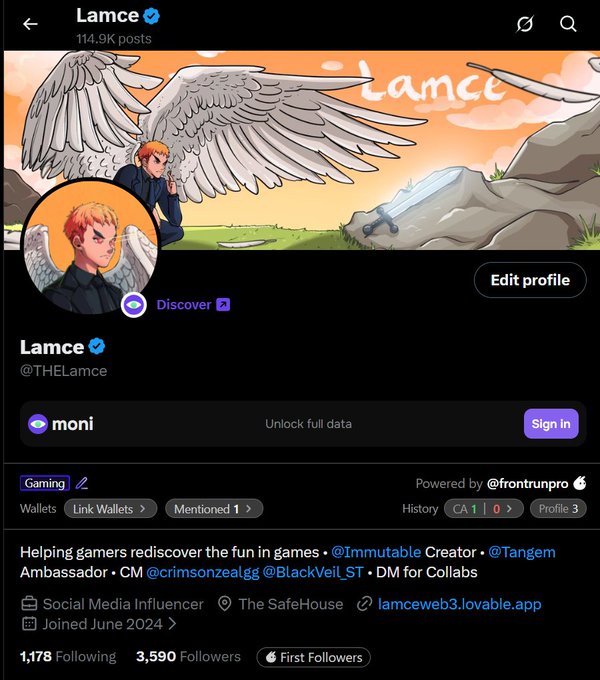A Twitter/X profile page for @THELamce with an anime angel wing banner, describing themselves as a Social Media Influencer and Immutable Creator helping gamers, with 1,178 following and 3,590 followers.