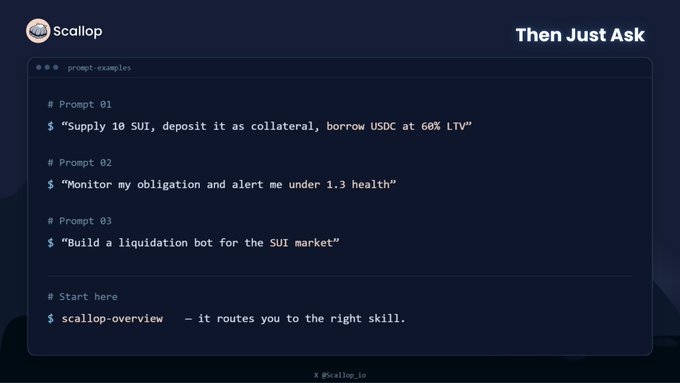 A dark-themed terminal interface displays prompt examples for the "Scallop" platform, including commands to supply 10 SUI as collateral, borrow USDC at 60% LTV, monitor loan health below 1.3, and build a SUI market liquidation bot—all starting with the "scallop-overview" skill.