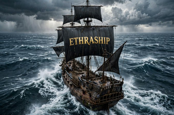 A dramatic illustration of a dark pirate-style ship sailing through stormy seas, with 'ETHRASHIP' displayed in gold lettering on the central black sail.
