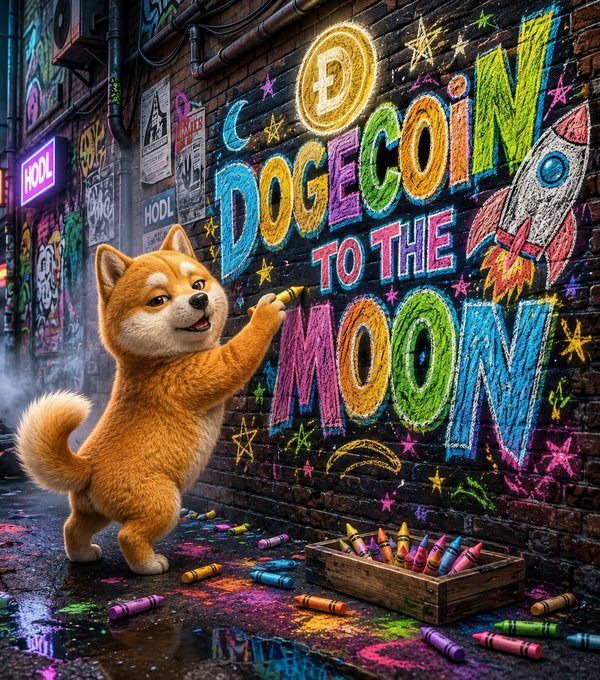 The image features a cartoon dog standing next to a brick wall, which has colorful drawings of stars and a rocket on it. The dog appears to be painting or drawing something on the wall with crayons. In front of the dog, there is a box filled with crayons, suggesting that they are using these tools for their artwork. The post accompanying this image reads: "much love."