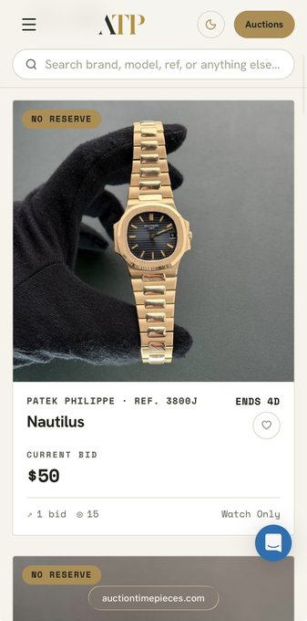 A Patek Philippe Nautilus 3800J gold watch listing on auctiontimepieces.com shows a current bid of $50 with 4 days remaining and "No Reserve" status, illustrating the stealth-launched auction platform mentioned in the post.