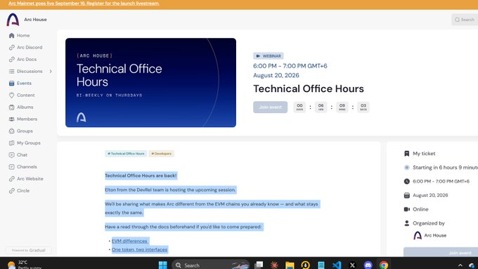 An Arc House event page for 'Technical Office Hours' scheduled for August 20, 2026, from 6:00 PM - 7:00 PM GMT+6, hosted by the DevRel team.