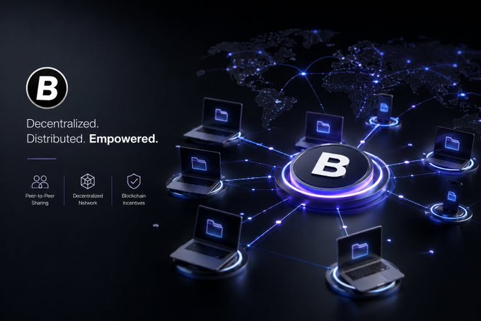 A tech-oriented graphic for a platform featuring a 'B' logo, illustrating decentralized peer-to-peer sharing with interconnected laptops on a world map background.