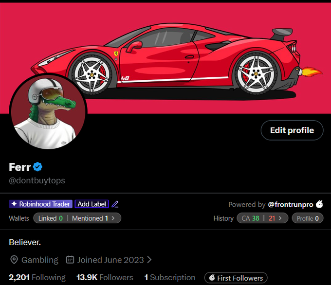 A Twitter/X profile belonging to "Ferr" (@dontbuytops), a verified crypto trader with 13.9K followers who joined in June 2023, featuring a red Ferrari banner, an alligator mascot avatar, and labels identifying them as a "Robinhood Trader" and "Believer." The profile's "Believer" tagline and Gambling interest tie directly into the post's message about holding conviction in projects like $HOOKR regardless of price fluctuations.