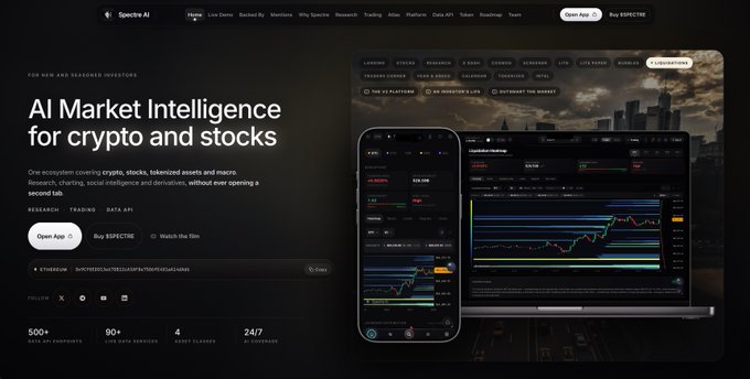A landing page for 'Spectre AI' advertising 'AI Market Intelligence for crypto and stocks' with device mockups showing trading charts, and stats: 500+ data endpoints, 90+ live data services, 4 asset classes, 24/7 AI coverage.
