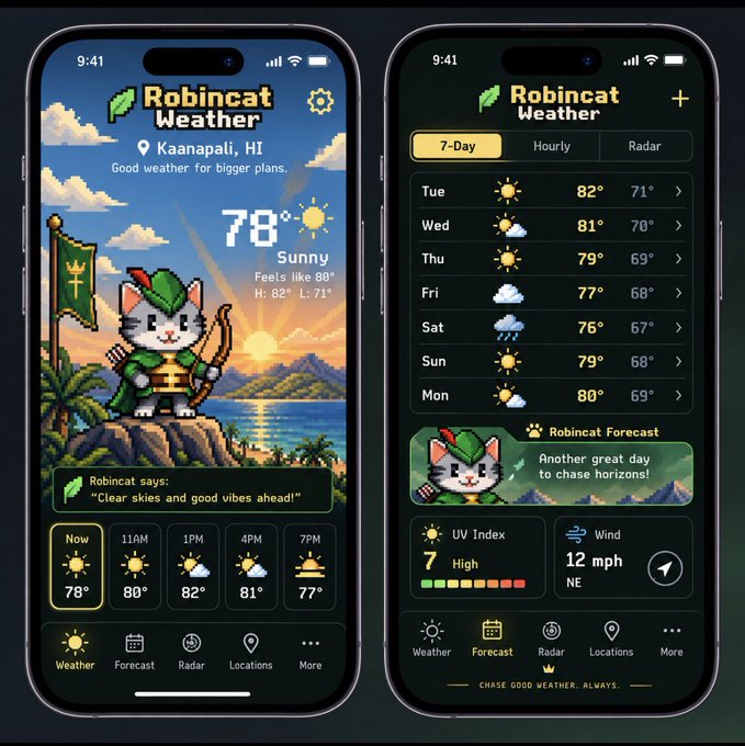 Two smartphone screens displaying a 'Robincat Weather' app; the left shows a current temperature of 78° in 'Kaanapali, HI' with a pixel-art cat archer character, and the right shows a 7-day forecast.