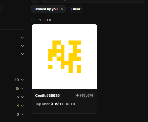A dark-themed NFT marketplace interface showing a single item owned by the user—a pixelated yellow AI-themed NFT listed as 'Credit #38935' with a top offer of 0.0311 WETH.