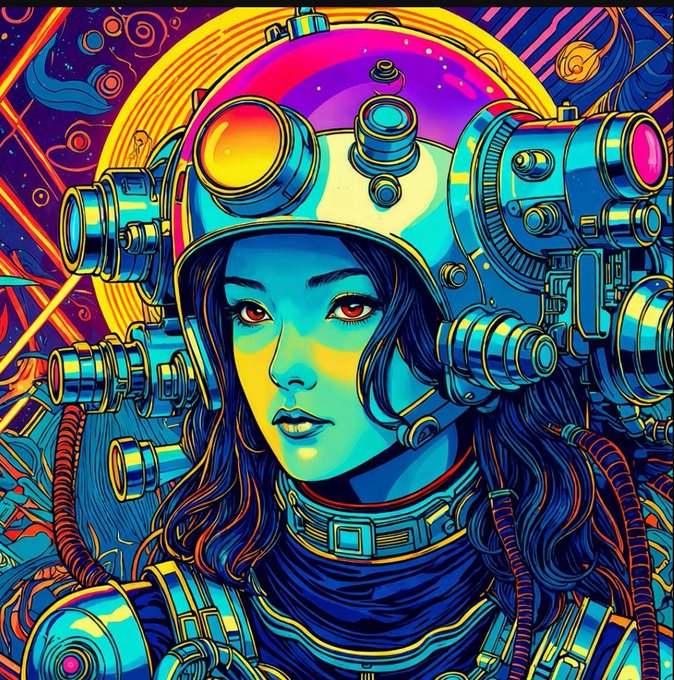 A vibrant, psychedelic digital illustration of a woman with blue-tinted skin and dark hair wearing an elaborate futuristic helmet with multiple lenses and mechanical attachments, set against a colorful cosmic background with a large yellow planet.