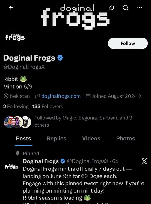 The image shows a social media post from the account "doginal frogs" with a black background, white text, and a list of followers. The post includes a link to a video posted by another user named "Ribit". The post also mentions that there is an upcoming event for "DOGINAL FROGS" on June 8th at 6:00 pm.