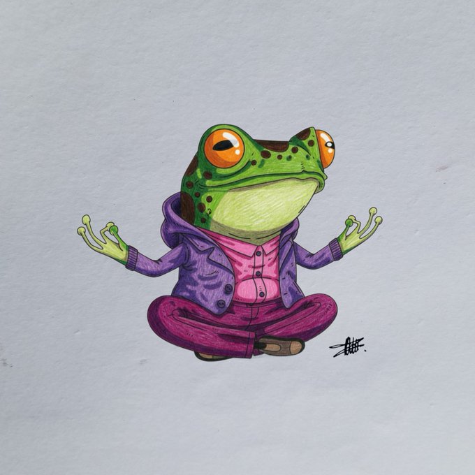 An illustration of a green frog with orange eyes meditating in a lotus position while wearing a purple jacket and pink shirt.