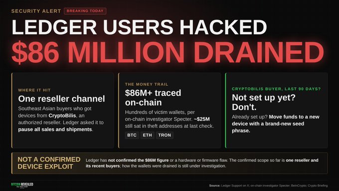 A security alert infographic titled 'LEDGER USERS HACKED, $86 MILLION DRAINED' detailing a crypto heist through a compromised reseller channel (CryptoBilis), with sections on the money trail and buyer warnings.