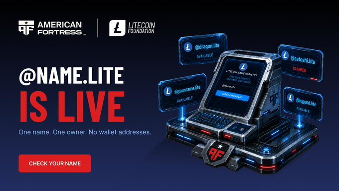 A promotional graphic reading '@NAME.LITE IS LIVE' featuring logos for American Fortress and Litecoin Foundation, with a 'CHECK YOUR NAME' button and a laptop displaying available names like @dragon.lite, @satoshi.lite, @yuume.lite, and @legend.lite.