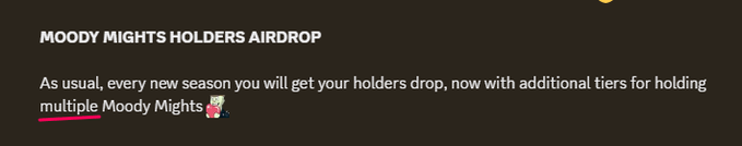 A dark graphic announces 'MOODY MIGHTS HOLDERS AIRDROP' with text explaining that 'every new season you will get your holders drop, now with additional tiers for holding multiple Moody Mightys' alongside a small festive character image.