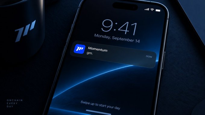An iPhone lock screen displays a notification from "Momentum gm." received at 9:41 AM on Monday, September 14, with the tagline "Onchain Every Day" visible in the corner—playfully suggesting that a simple "gm" (good morning) greeting from the Momentum app holds more value than typical price alerts.